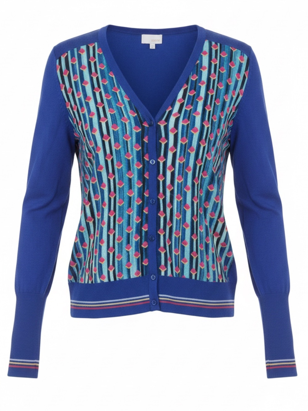 ecru Blue Geometric Button-Front Cardigan with Pink Accents